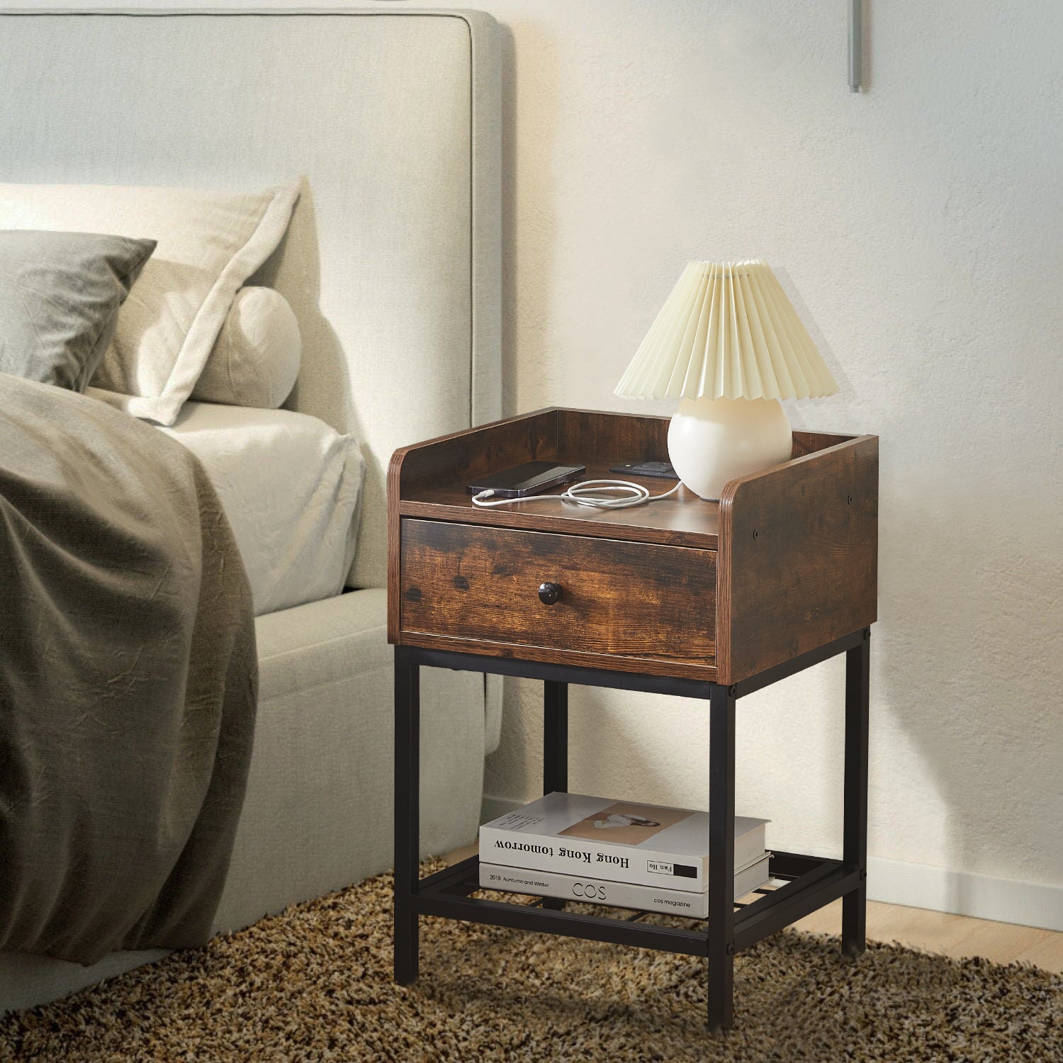 Eyve Industrial Wood Livingroom Side Table [Charging Station]