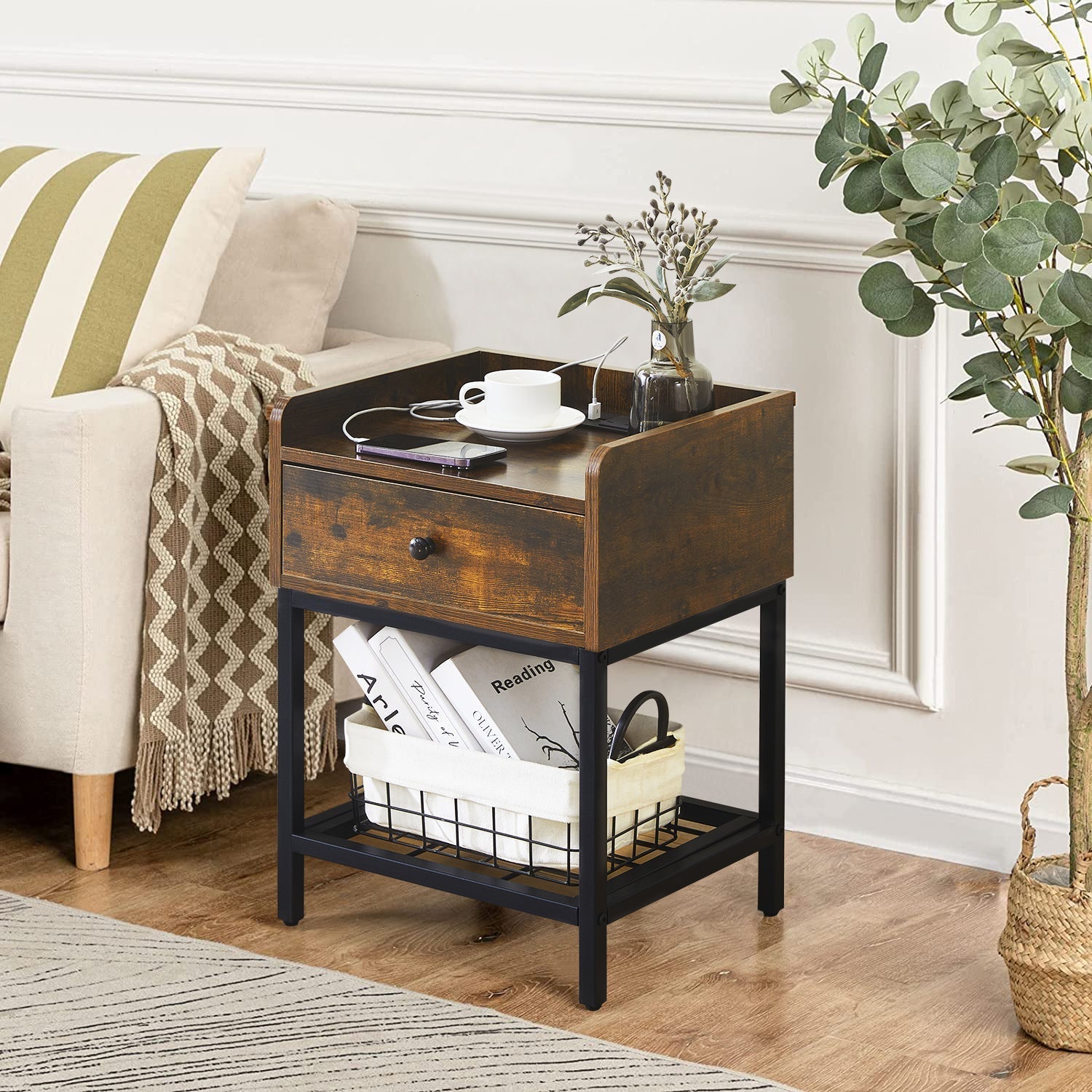 Eyve Industrial Wood Livingroom Side Table [Charging Station]